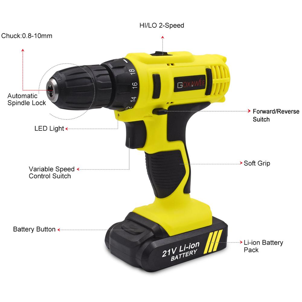 GOXAWEE 21 V/12 V destornillador eléctrico inalámbrico Mini taladro eléctrico de iones de litio que funciona con pilas herramientas eléctricas recargables de 2 velocidades