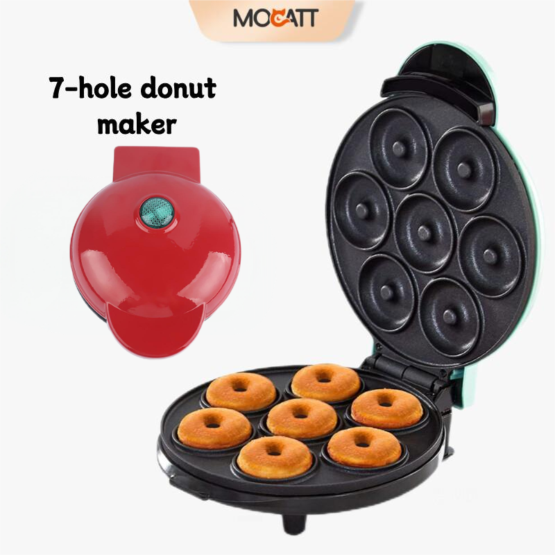 MOCATT Máquina para hacer rosquillas multifuncional de 7 orificios, adecuada para hornear en casa, desayuno en la cocina, gofres, postres, sándwiches y tostadas: Rojo / US
