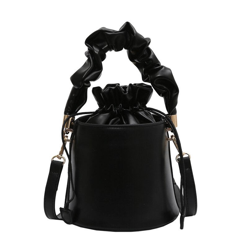 Solid Color PU Leather Women Drawstring Bucket Bags Ladies Small Shoulder Crossbody Bag Female Mini Handbag Purse: Black