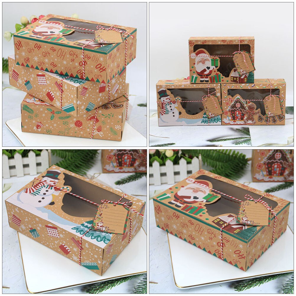 Scatole di carta Kraft da 6 pezzi scatole di immagazzinaggio di caramelle di natale scatole di biscotti per finestre in PVC