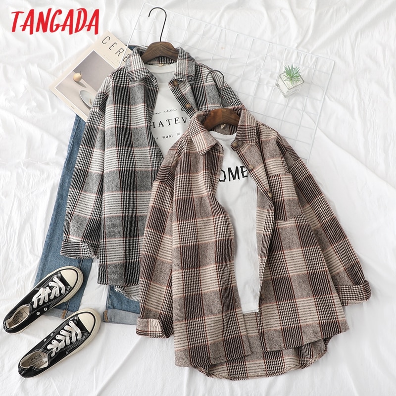 Tangada naisten ylisuuri ruudullinen poikaystävä tyyli paksu paitapusero pitkähihainen tyylikäs naisten vapaat topit bao 27