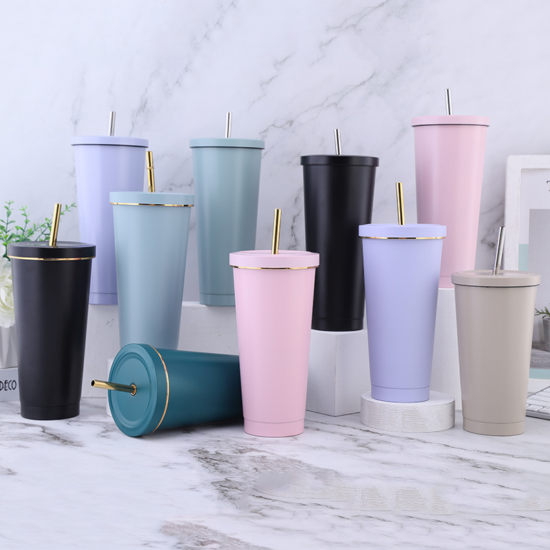 Vacuum Insulated Mug Stainless Steel Thermos Cup Car Coffee Milk Tea Drinking Cup With Straw