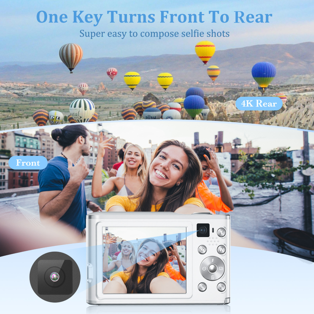 Cámara digital 4K Cámara Vlogging con enfoque automático con lente delantera y trasera, tarjeta de 32 GB, cámara selfie con zoom digital de 48 MP y 16X, negro, blanco