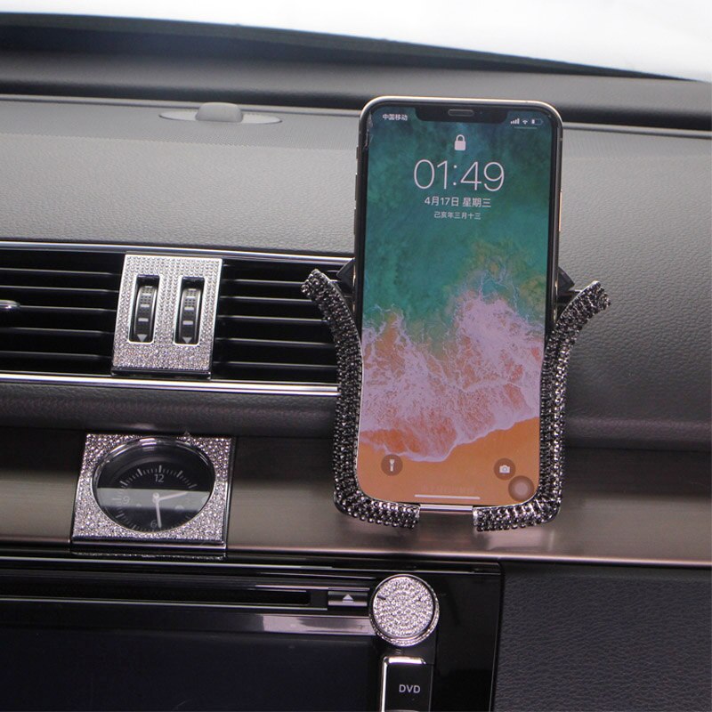 Soporte Universal para teléfono móvil de coche, con cristal de Bing, diamantes de imitación, Clip de montaje para rejilla de ventilación de coche, para iPhone, Samsung, soporte para coche: black