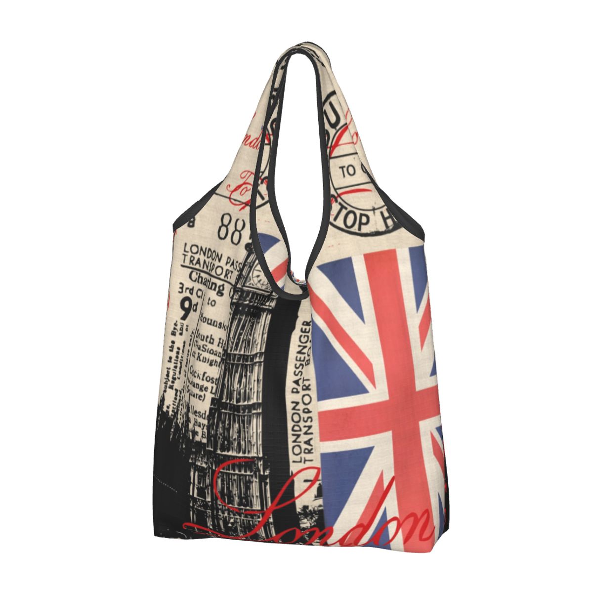 Aangepaste Britse vlag Londen rode bus auto boodschappentas mode shopper Tote schoudertassen draagbare handtas met grote capaciteit: Goud