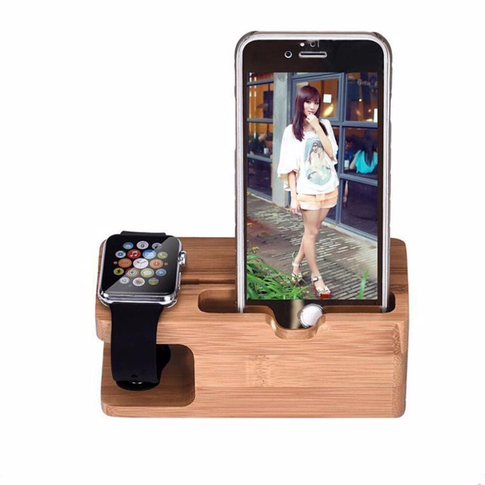 2-in-1 Real Bamboe hout Desktop Stand voor iPad Tablet Beugel Docking Houder Oplader voor iPhone Opladen dock voor Apple Horloge