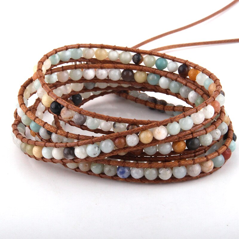 Joyería de para mujer, pulsera de cuero marrón hecha a mano, 5 hebras, piedras naturales de 4mm, pulseras envolventes, DropShippers: Amazonite