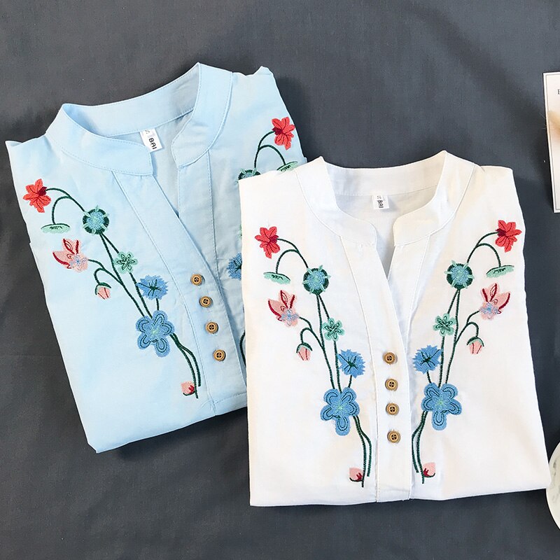 Korte Mouw Blouses Zomer Geborduurde Shirts Vrouwen Kleding V-hals Mode Bloemen Vrouwen Tops Slanke Shirts 0537 40