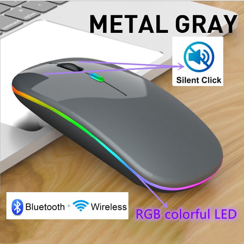 Windays bezprzewodowa mysz Bluetooth 2.4G Macbook darmowa wysyłka akcesoria komputerowe LapTop PC cichy przenośny akumulator RGB nowość: GRAY