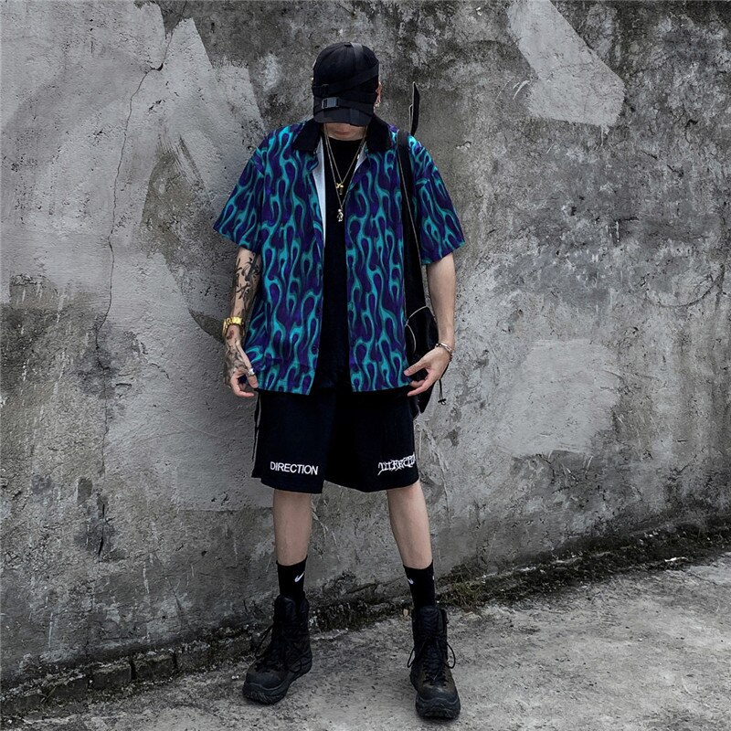 Mørkt ikon blå flamme hawaiiansk skjorte street herreskjorte oversized skjorter for menn