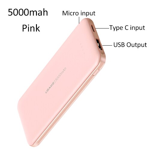 5000mAh Mini Power Bank for iPhone Samsung,USAMS External Battery Poverbank Ultra-thin powerbank Type C fast charging pover bank: 5000mah Pink