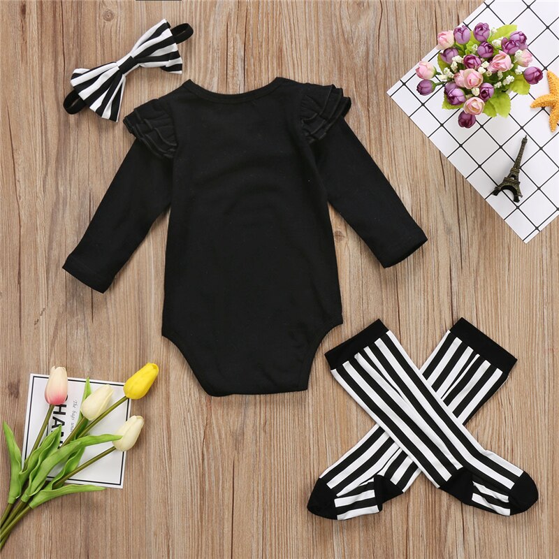 Pudcoco-body de algodón para bebé y niña, Body negro liso de manga larga, media, diadema, trajes para niña