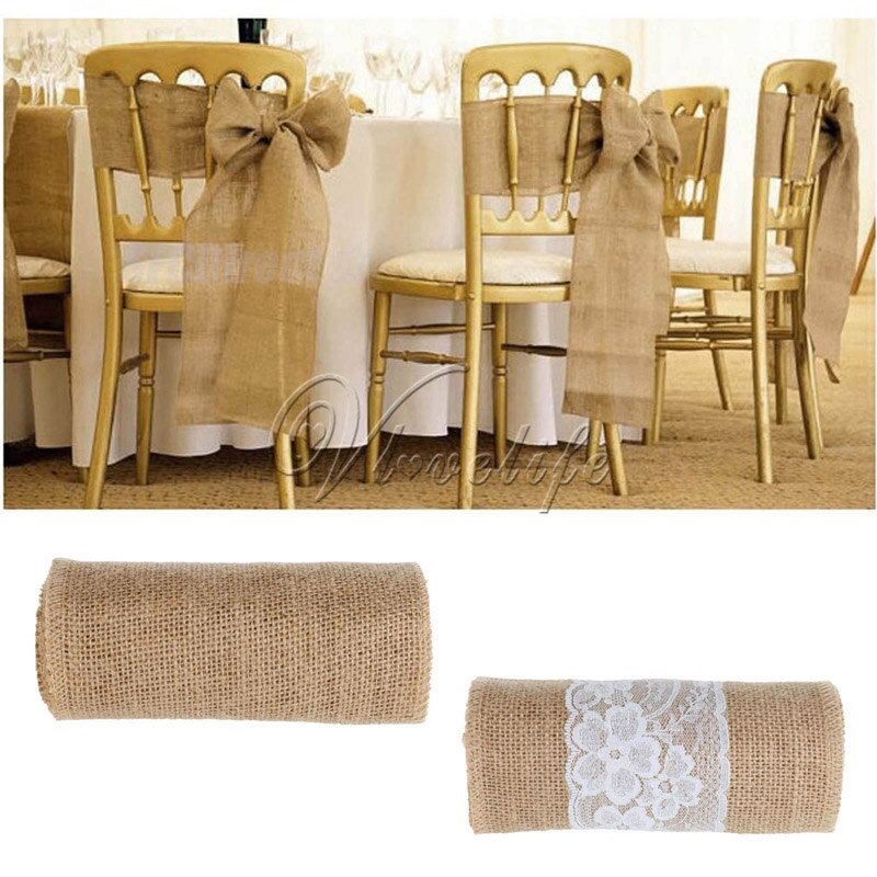 6 ''  x 94 '' handgemaakte jute jute kant stoel strik stoel sjerp feest bruids babyshower rustiek bruiloft decor