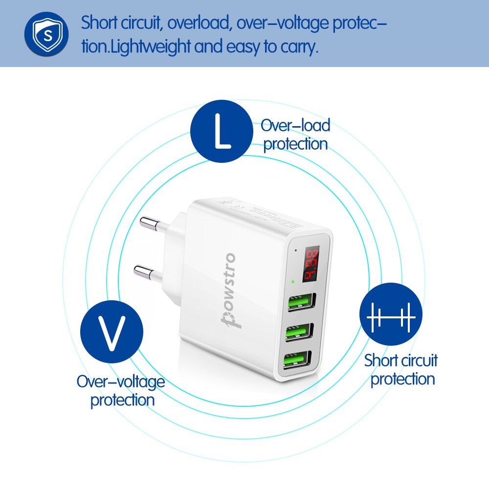 Powstro 5v 3a 3 usb-reislader eu-stekker lcd-scherm, intelligent digitaal display, universele wandadapter, spanning en stroom voor mobiele telefoon