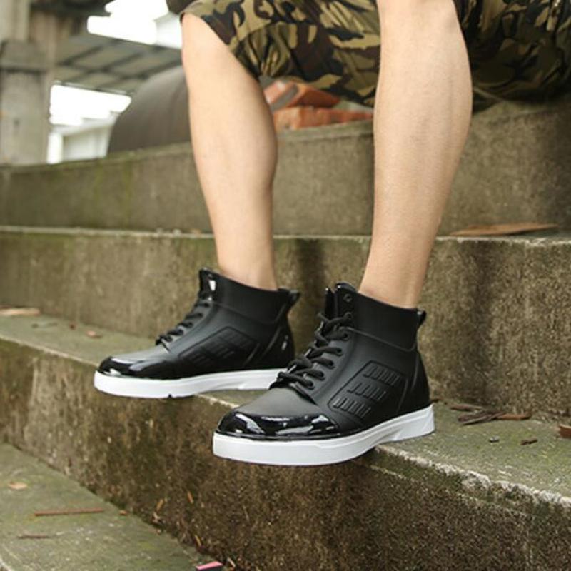 Men's Rainboots Waterproof Rain Shoes Men Rain Boy Water Shoes Rubber Black Ankle Boots Lace-Up Shoes for Mens Boots