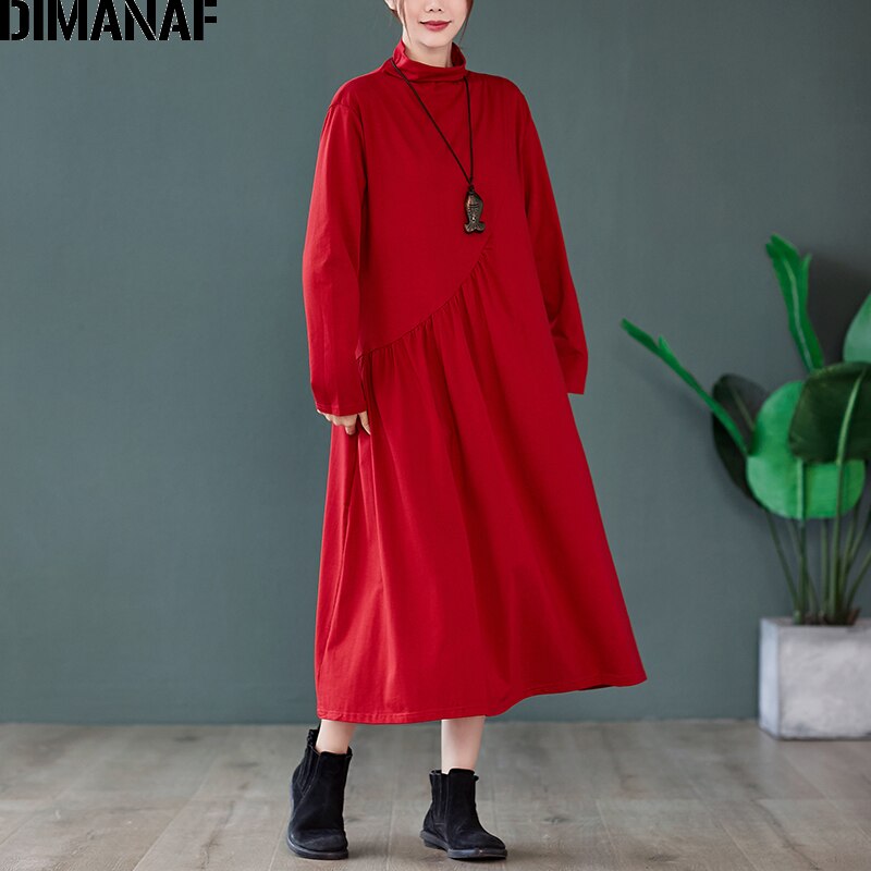DIMANAF Autumn Winter Plus Size Women Dress Long Sleeve Turtleneck Lady Vestidos Cotton Pleated Loose Female Clothing