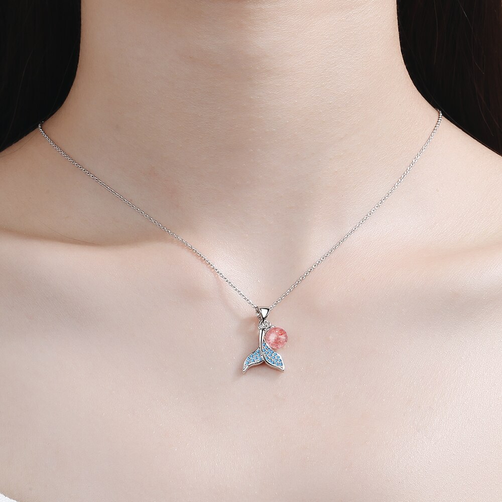 Simple Mermaid Fishtail Silver Color Necklaces with Natural Strawberry Crystal Cubic Zirconia Jewelry For Women S-N450