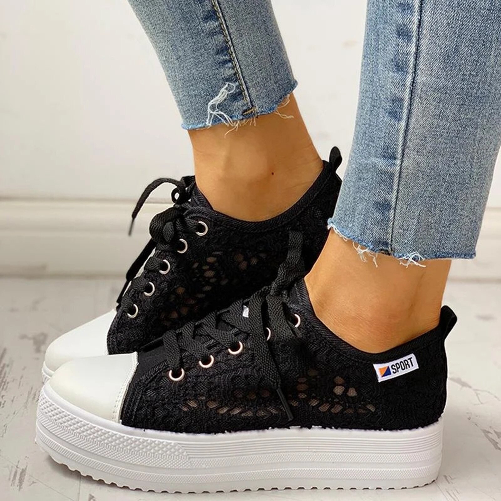Vrouwen Mode Effen Kleuren Lace Casual Platte Mesh Ademend Platform Canvas Lace-Up Enkele Wandelschoenen Sneakers Schoeisel # G4