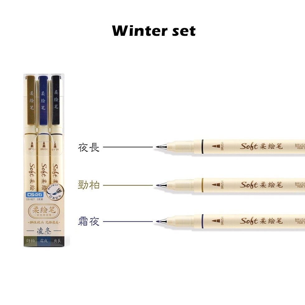 3pcs Four Season Colors Soft Brush Sign Pen Set Fine Tip Liner Drawing Calligraphy Hand Lettering Paint School Art F335: Winter set