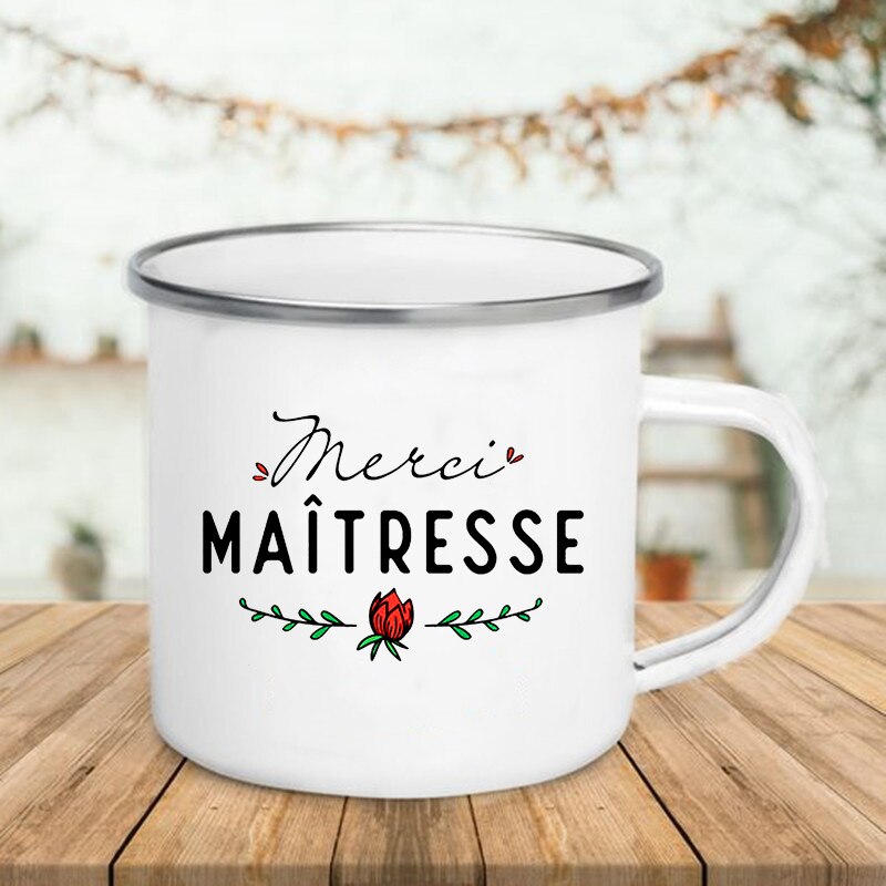 Taza de esmalte con estampado francés, tazas creativas de café, té, bebidas, postre, desayuno, leche, ASA, vasos, los mejores para profesores: XH3777-A015WH-8