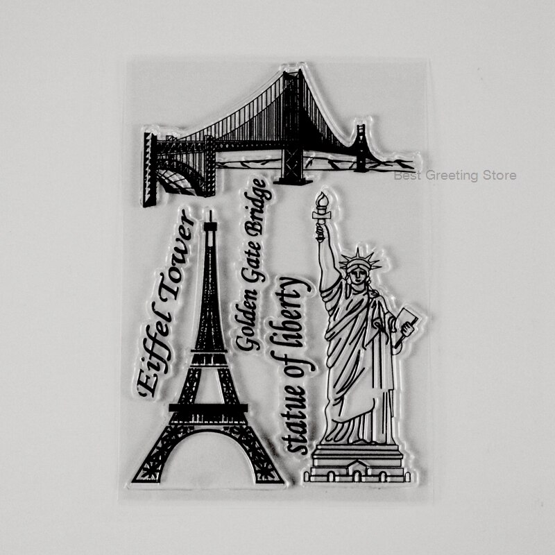 3 european building clear stamps scrapbooking background stamp sheet paris tower statue of liberty golden gate bridge stamps