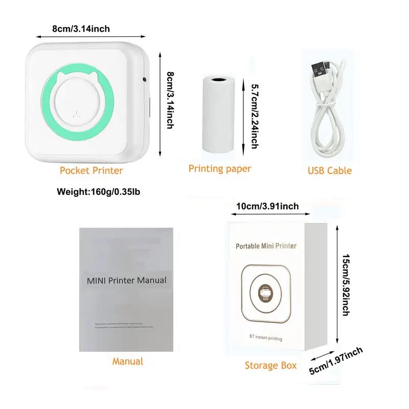 Portable Mini Thermal Printer Wirelessly BT 203dpi Photo Label Memo Wrong Question Printing With USB Cable Imprimante Portable: WHITE
