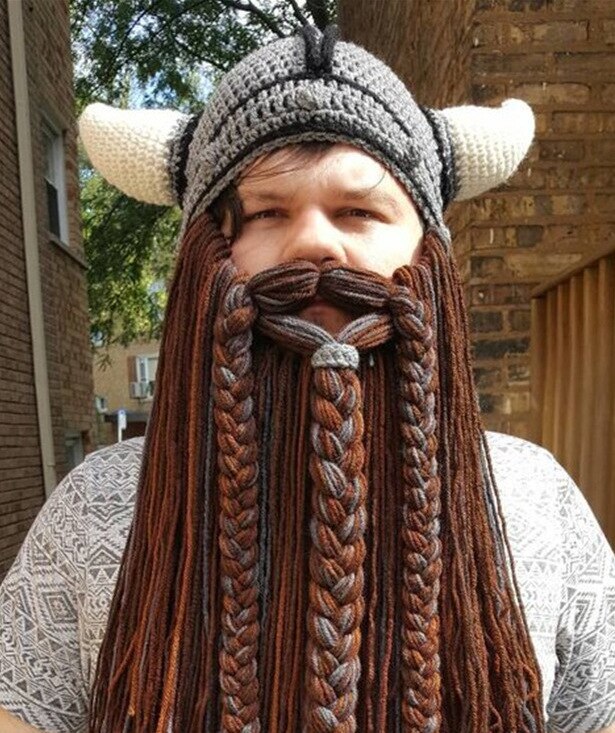 Menn vinter varm håndvev ullhatter skjegg halloween karneval fest morsomt hodeplagg skrekk viking horn cosplay kostyme strikket hatt: 4