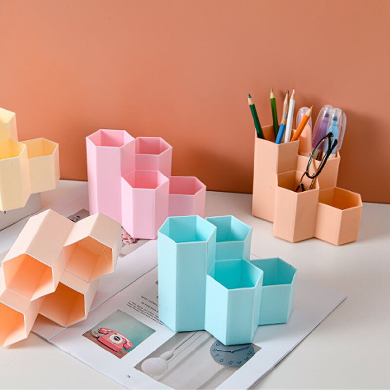 Home Office Pen Holder Storage Box Desk Accessories Stationery Organizer Storage Containers Student Hexagonal Pencil Box