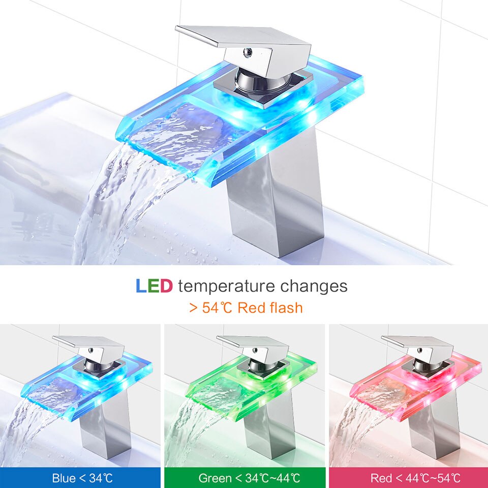 Grifo de lavabo LED, cascada de latón, cambio de colores de temperatura, grifo de Mezclador de Baño montado en cubierta, grifos de vidrio para lavabo