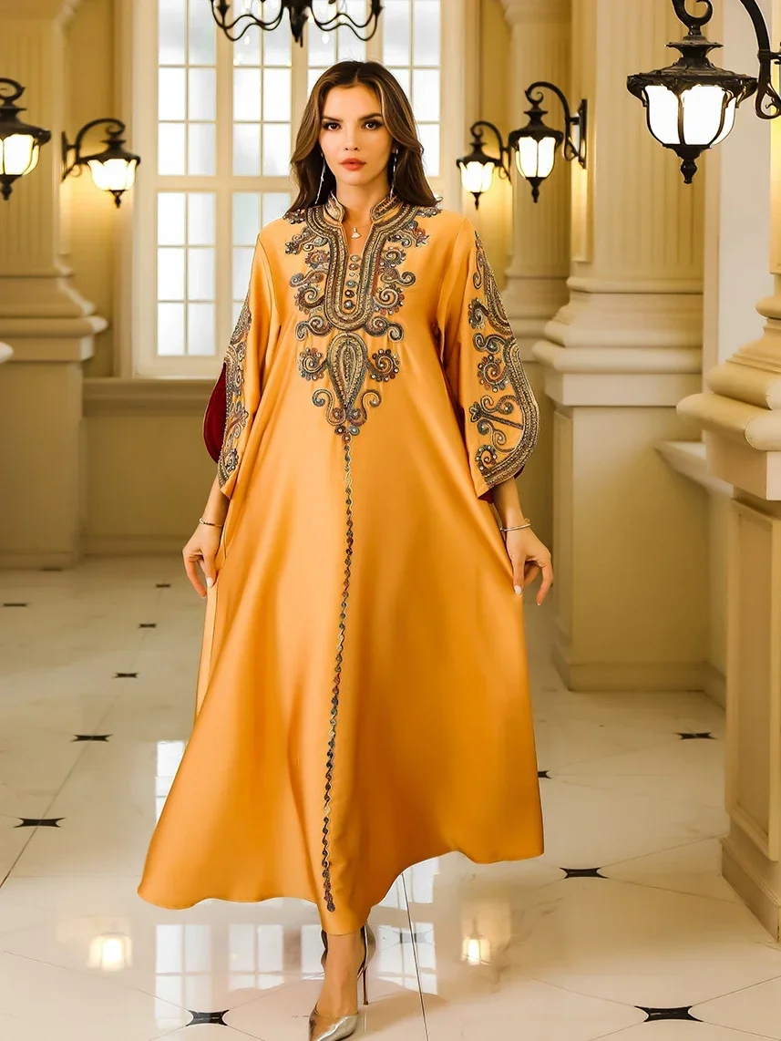 Iltapuvut arabialainen pitkä viitta kirjonta musliminaisten juhla jalabiya eid ramadan marokko dubai abayas kaftan islam vestidos: L / Oranssi