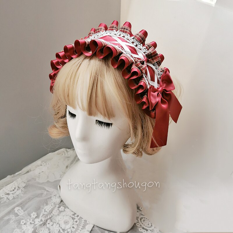 Diadema de pelo de Lolita hecha a mano, tocado de Caperucita Roja, adorno de pelo con lazo de encaje, diadema roja de vino para Cosplay: 02