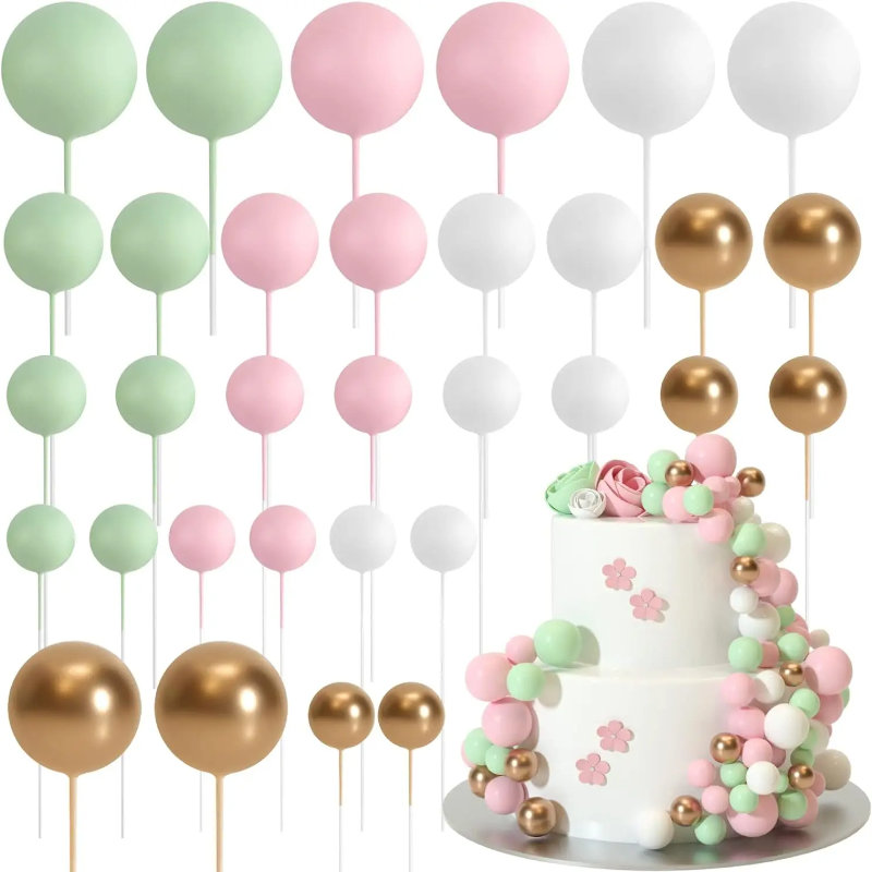 Décoration de gâteau vert sauge marron, 32 pièces, boules en mousse dorée, bricolage, décoration de gâteau pour réception pour bébé, fête d'anniversaire: kaki foncé