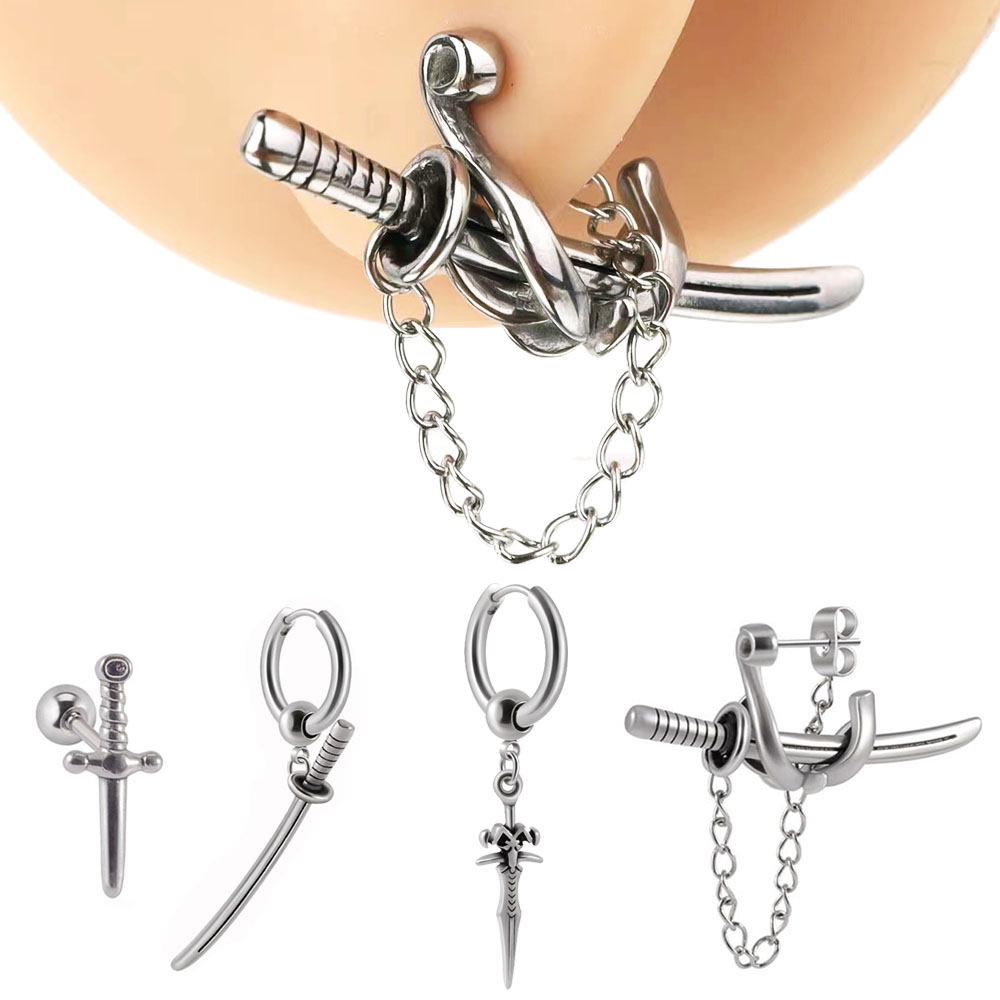 1Pc 361L Chirurgisch Staal Zwaard Hoop Punk Oorbellen Dangle Samurai Zwaard Oorbellen Lange Ketting Oorbellen Voor Vrouwen Mannen Oor sieraden