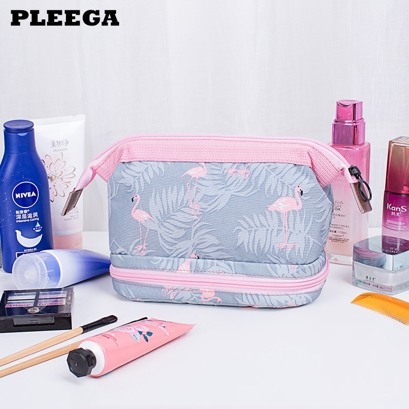 Dubbele Laag Flamingo Cosmetische Tas Vrouwen Make Up Bag Travel Hoge Capaciteit Make Toilettas Kits Necessaire functionele tas