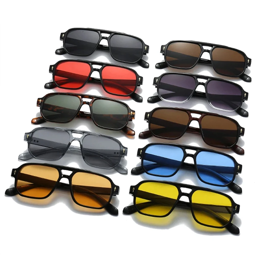 JNPCXI Vintage doble puente hombres gafas de sol cuadradas verde océano lente UV400 gafas mujeres tendencia remaches gafas de sol