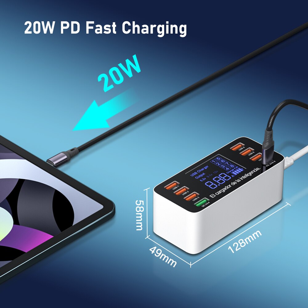 60w usb-handyladegeräte mit 8 usb-c-anschlüssen ,  qc3.0 pd usb-c-schnellladegeräte mit schnellladefunktion, 3.0 intelligente ladestationen mit led-anzeige und netzteil