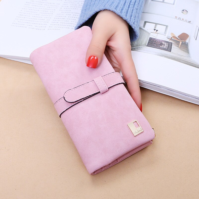 Mode Vrouwen Portefeuilles Trekkoord Nubuck Leer Rits Portemonnee Vrouwen Lange Portemonnee Tweevoudig Meer Kleur Clutch: Roze