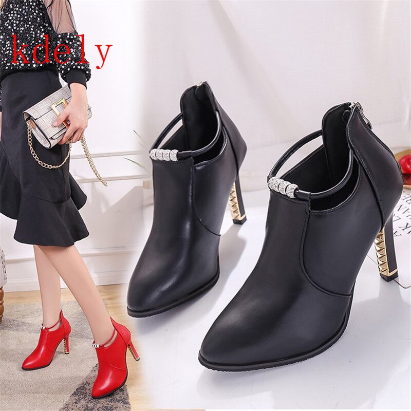 Frauen Stiefeletten Frühling Herbst High Heel 8,5 cm High Heels Schwarz rot spitz Schuhe größe 34-40