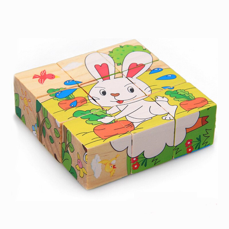 Wooden Cartoon Animal Puzzle Toys 6 Sides Wisdom Jigsaw Early Education Learning Toys For Children Game 9pcs Single 3D Puzzle: Farm animals
