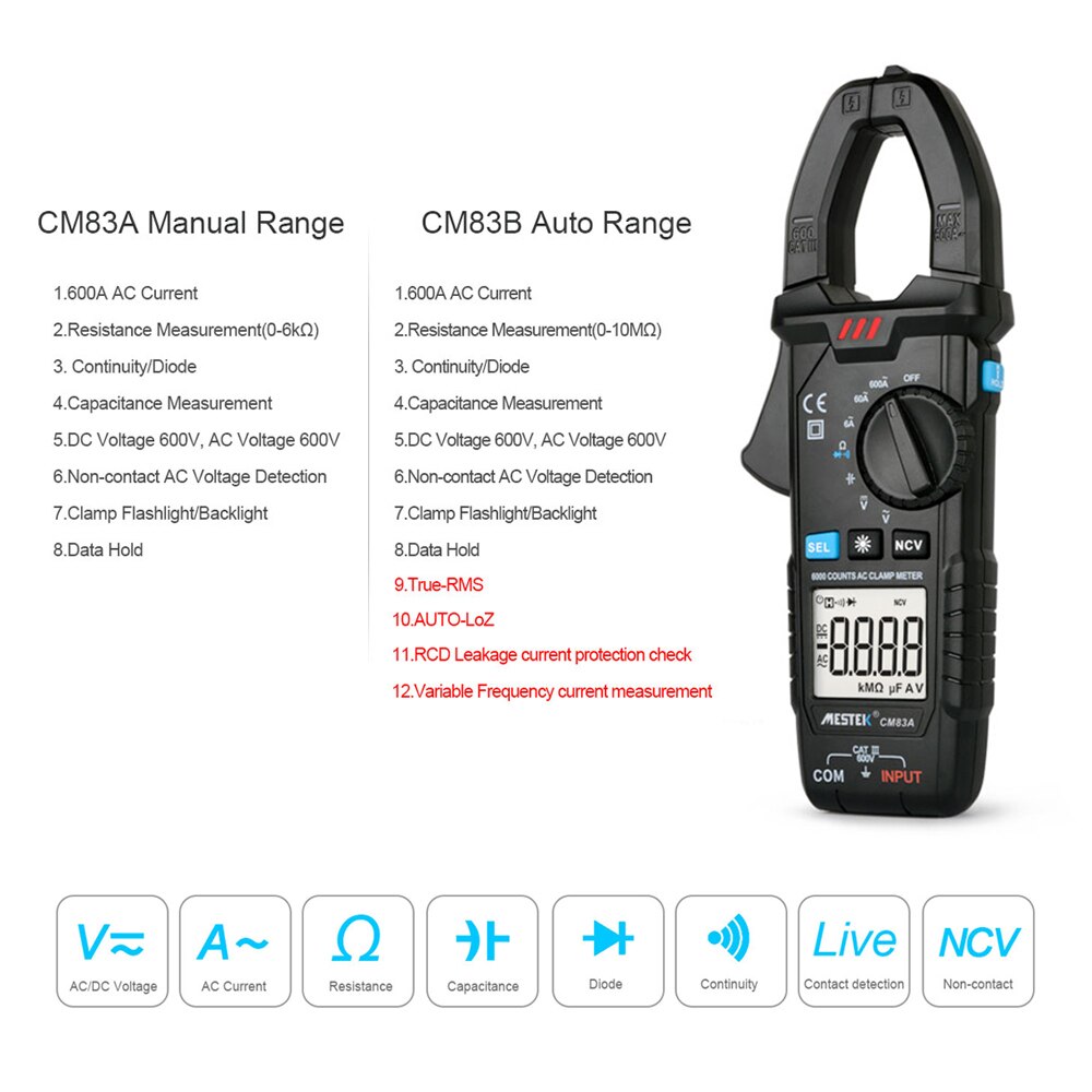 MESTEK Digital Clamp Meter 600A AC Current 600V AC/DC Voltage Capacitance Measurement Data Hold Backlight NCV Tester Multimeter