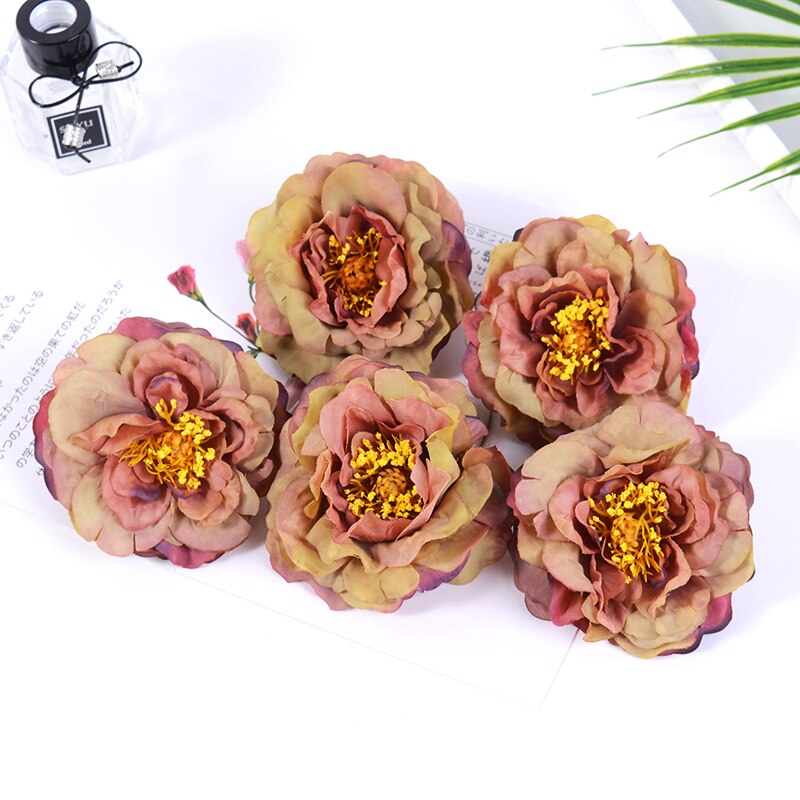 2 stk 9cm butikk kunstige pioner blomst silke rose til bryllupsfest hjemmedekorasjon diy krans utklipp blomst: Grønn / 5 stk