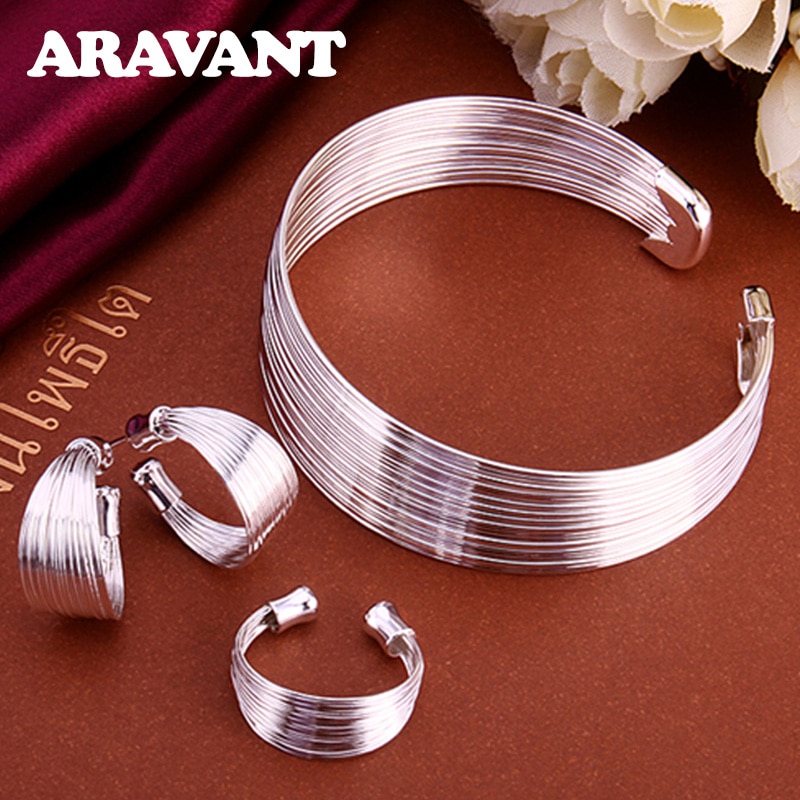 Nouvelle 925 bijoux en argent ensembles Simple Multi ligne ouvert bracelet anneaux boucle d'oreille ajustement pour les femmes bijoux de mariage