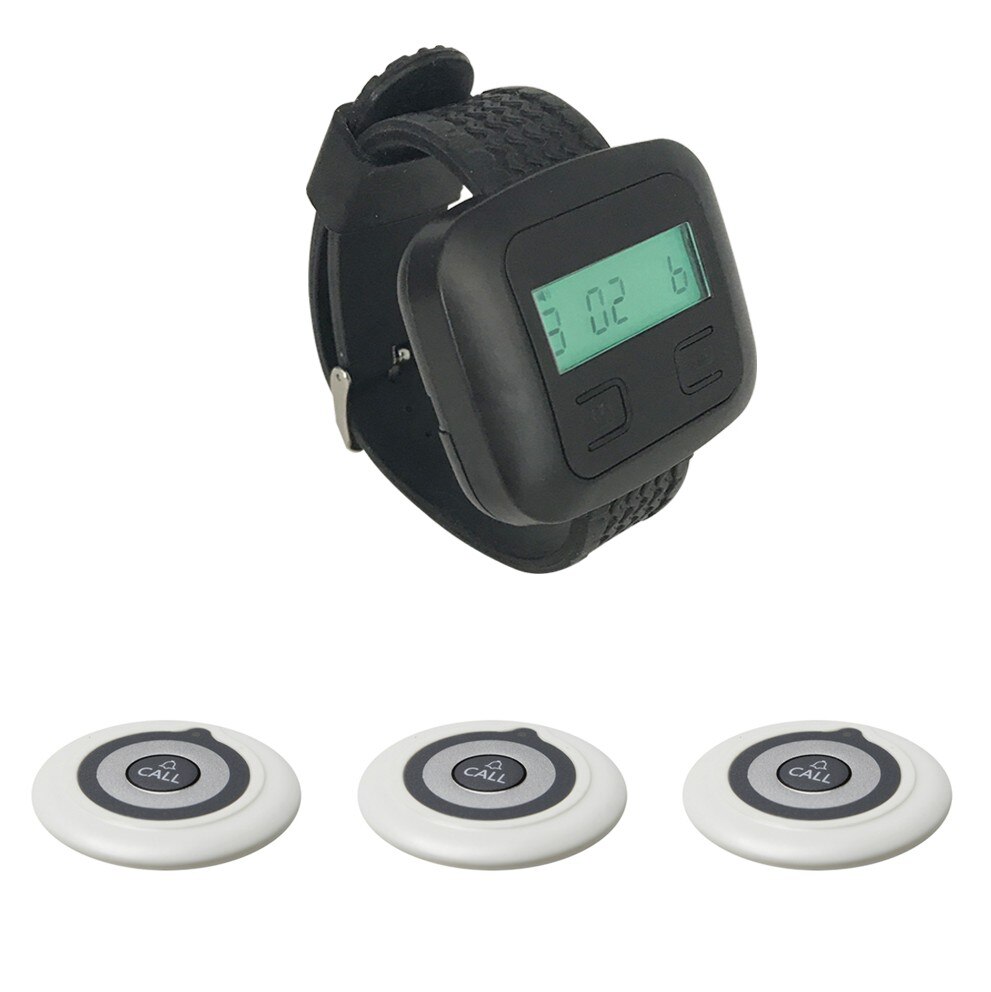 JINGLE BELLS Wireless Calling System Cafe, Hotel, Office 3 Call Button+1 Watch Pager Receiver Call Restaurant Pager System 433MH: white