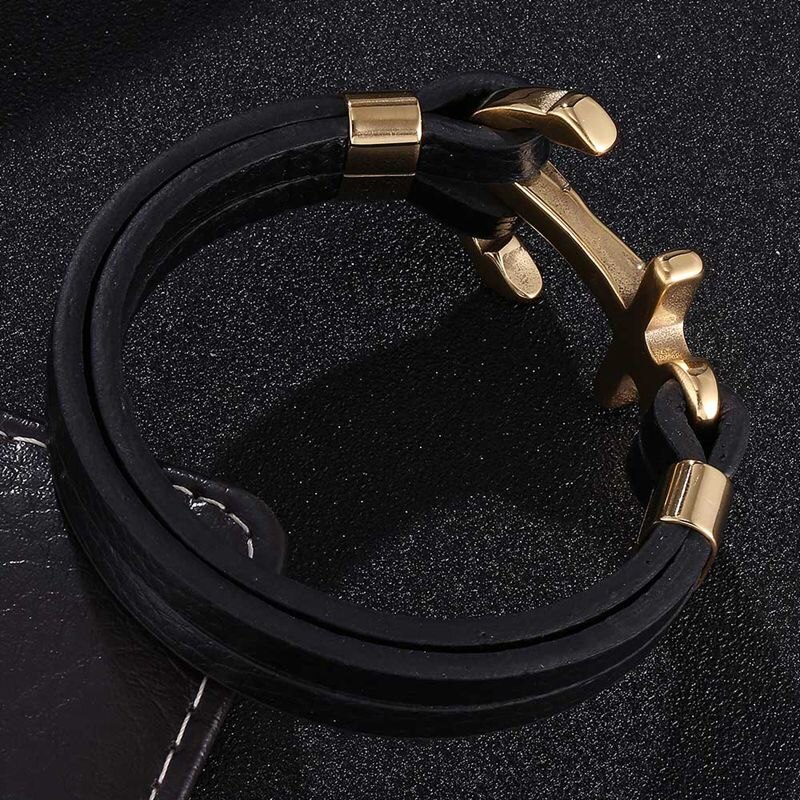 Pulsera de cuero con ancla cruzada para hombre, brazalete de acero inoxidable, Color dorado, para , SP0783
