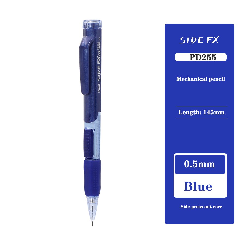 Japanese Pentel Mechanical Pencils PD255 Side Press Out Lead Core 0.5mm/0.7mm Rubber Retractable Activity Pencil Stationery: 0.5mm Blue
