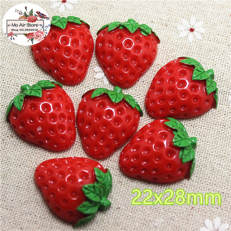 10Pcs Aardbei Fruit Hars Platte Achterkant Cabochon Miniatuur Voedsel Art Supply Decoratie Charm Craft Diy 21x27mm