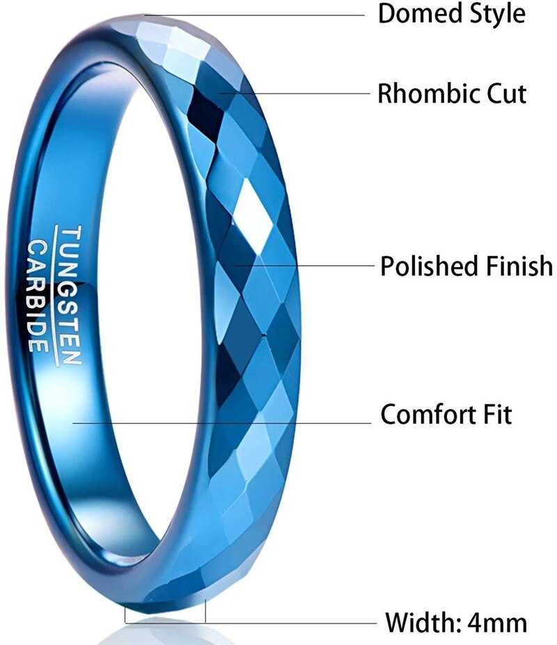 4mm Tungsten Carbide Ring Blue Polished Finish Rhombic Cut Wedding Ring Comfort Fit Rings Jewelry