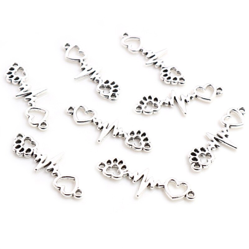 10pcs Charms ECG Heartbeat Connector Heart Dog Claw Link 12x34mm Antique Silver Color Pendant Making DIY Tibetan Finding Jewelry