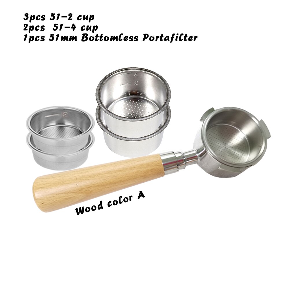 Juego de cesta de café portafiltro sin fondo, 51mm, 6 uds., juego de café Espresso, Breville Delonghi Krups, soporte de filtro con mango de madera: A color