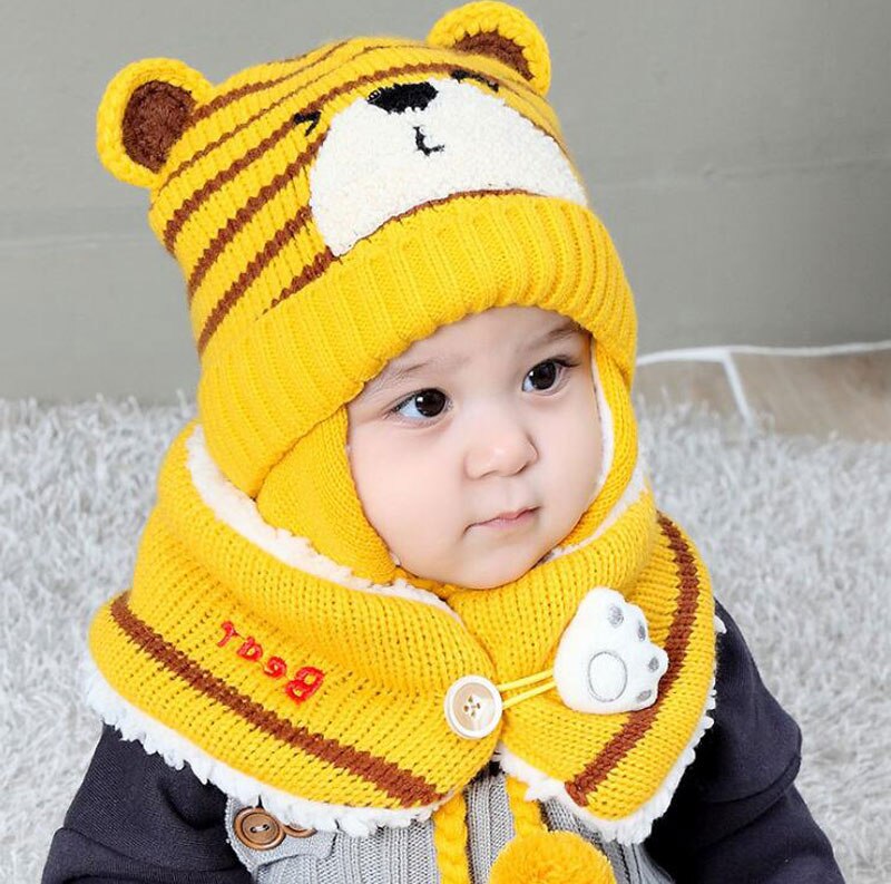 Gorro de invierno para niña, conjunto de bufandas para niños, niños, dibujos animados, oso, rayas, gorro de punto, gorro y bufandas con botón, traje cálido